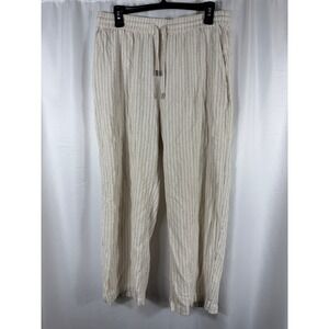 ZARA Linen Blend Striped Drawstring Waist Wide Leg Pants Women L Beige Black